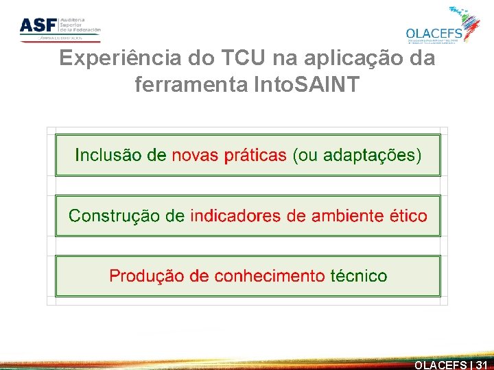 Experiência do TCU na aplicação da ferramenta Into. SAINT OLACEFS | 31 