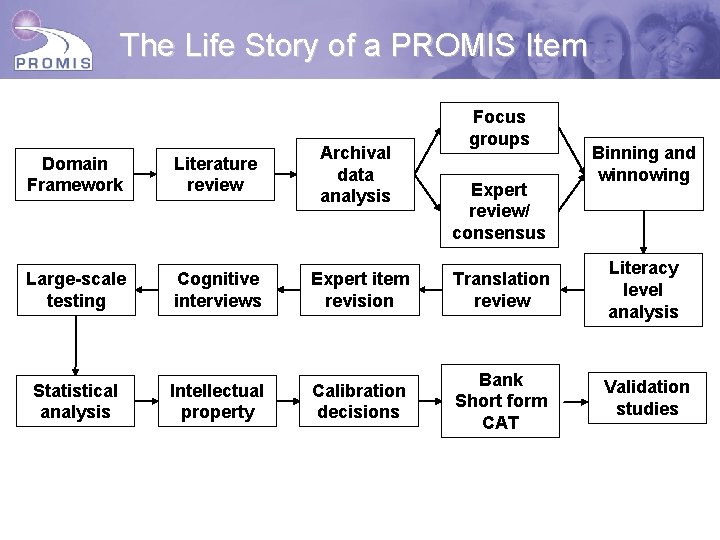 The Life Story of a PROMIS Item Focus groups Binning and winnowing Domain Framework