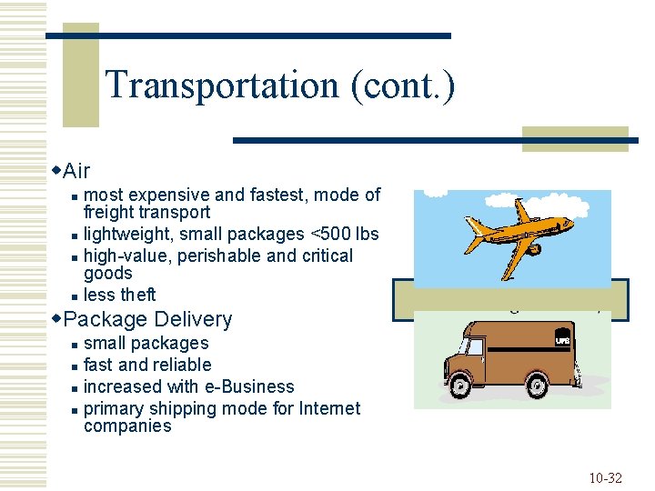 Transportation (cont. ) w. Air most expensive and fastest, mode of freight transport n