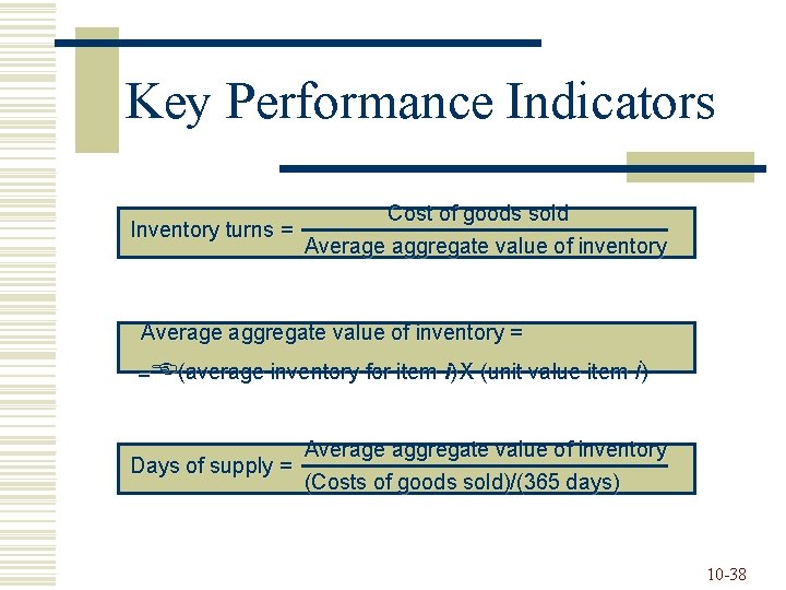 Key Performance Indicators Cost of goods sold Inventory turns = Average aggregate value of