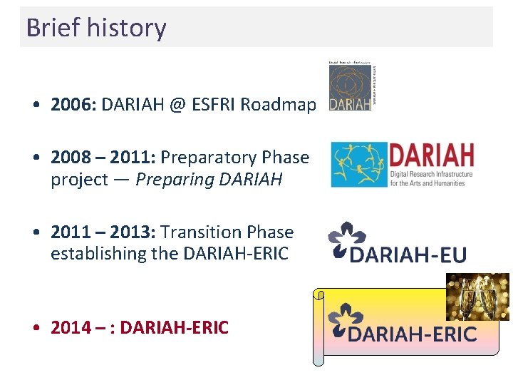 Brief history • 2006: DARIAH @ ESFRI Roadmap • 2008 – 2011: Preparatory Phase