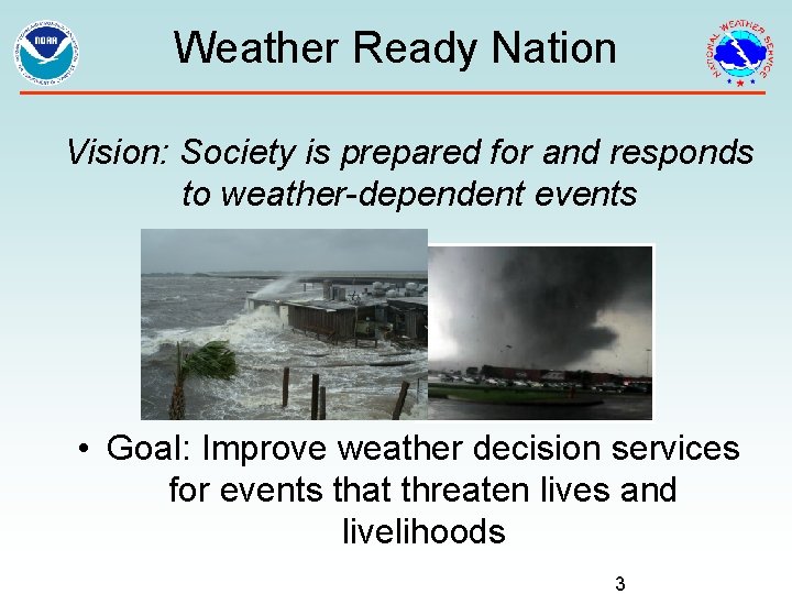 Weather Ready Nation Vision: Society is prepared for and responds to weather-dependent events •