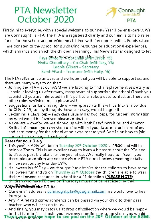 PTA Newsletter October 2020 PTA Firstly, hi to everyone, with a special welcome to