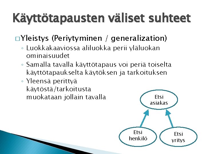 Käyttötapausten väliset suhteet � Yleistys (Periytyminen / generalization) ◦ Luokkakaaviossa aliluokka perii yläluokan ominaisuudet