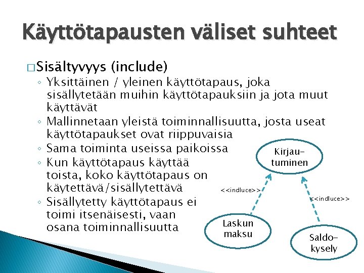 Käyttötapausten väliset suhteet � Sisältyvyys (include) ◦ Yksittäinen / yleinen käyttötapaus, joka sisällytetään muihin