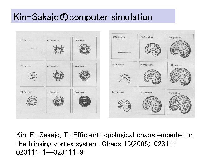 Kin-Sakajoのcomputer simulation Kin, E. , Sakajo, T. , Efficient topological chaos embeded in the