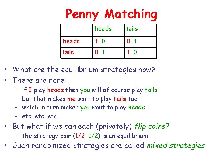 Penny Matching heads tails heads 1, 0 0, 1 tails 0, 1 1, 0