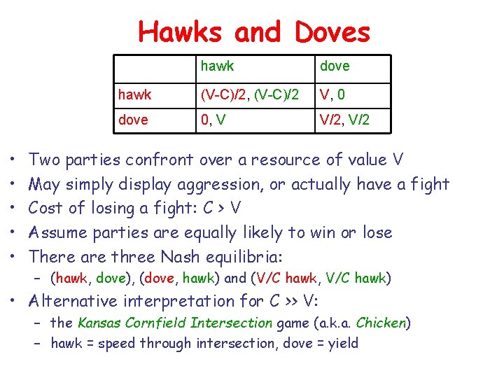 Hawks and Doves • • • hawk dove hawk (V-C)/2, (V-C)/2 V, 0 dove