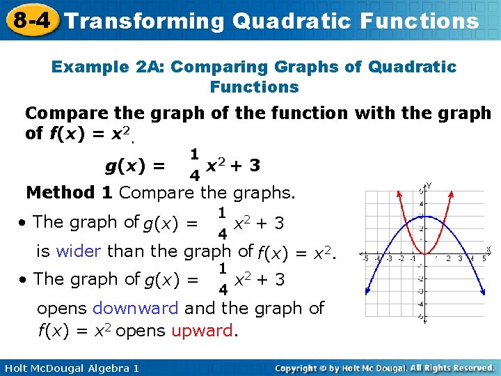 8 -4 Transforming Quadratic Functions Example 2 A: Comparing Graphs of Quadratic Functions Compare