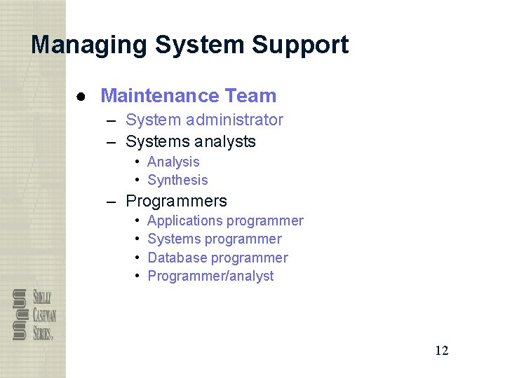 Managing System Support ● Maintenance Team – System administrator – Systems analysts • Analysis