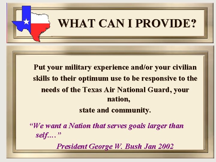 WHAT CAN I PROVIDE? Put your military experience and/or your civilian skills to their