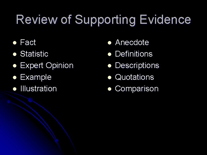 Review of Supporting Evidence l l l Fact Statistic Expert Opinion Example Illustration l