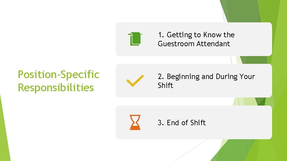 1. Getting to Know the Guestroom Attendant Position-Specific Responsibilities 2. Beginning and During Your