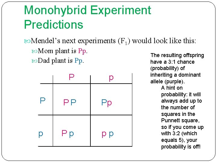 Monohybrid Experiment Predictions Mendel’s next experiments (F 1) would look like this: Mom plant