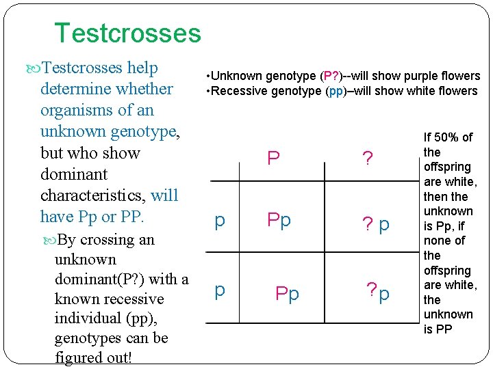 Testcrosses help determine whether organisms of an unknown genotype, but who show dominant characteristics,