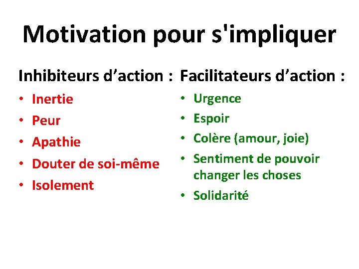 Motivation pour s'impliquer Inhibiteurs d’action : Facilitateurs d’action : • • • Inertie Peur