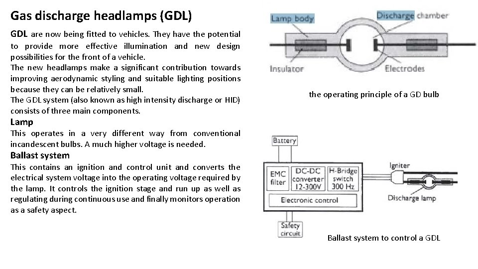 Gas discharge headlamps (GDL) GDL are now being fitted to vehicles. They have the