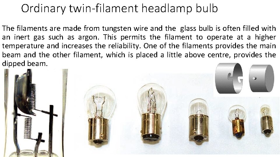 Ordinary twin-filament headlamp bulb The filaments are made from tungsten wire and the glass
