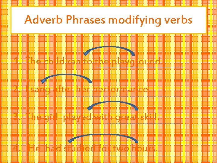 Adverb Phrases modifying verbs 1. The child ran to the playground. 2. I sang