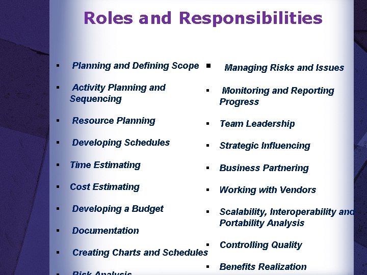 Roles and Responsibilities § Planning and Defining Scope § § Activity Planning and Sequencing