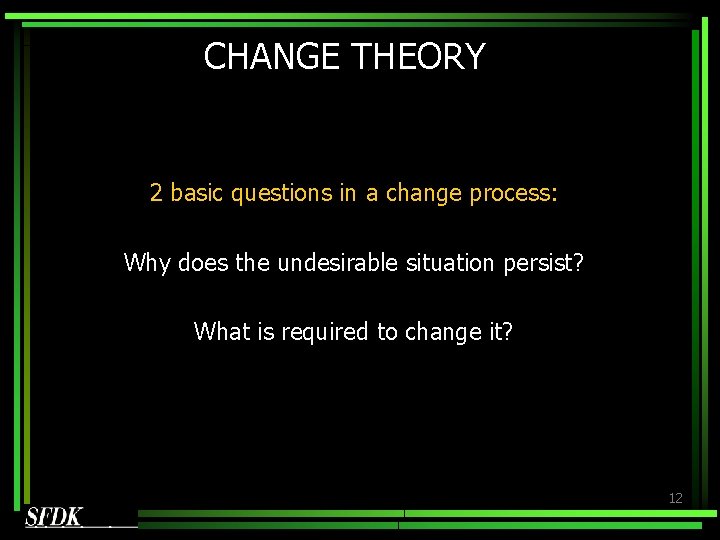 CHANGE THEORY 2 basic questions in a change process: Why does the undesirable situation CHANGE THEORY 2 basic questions in a change process: Why does the undesirable situation