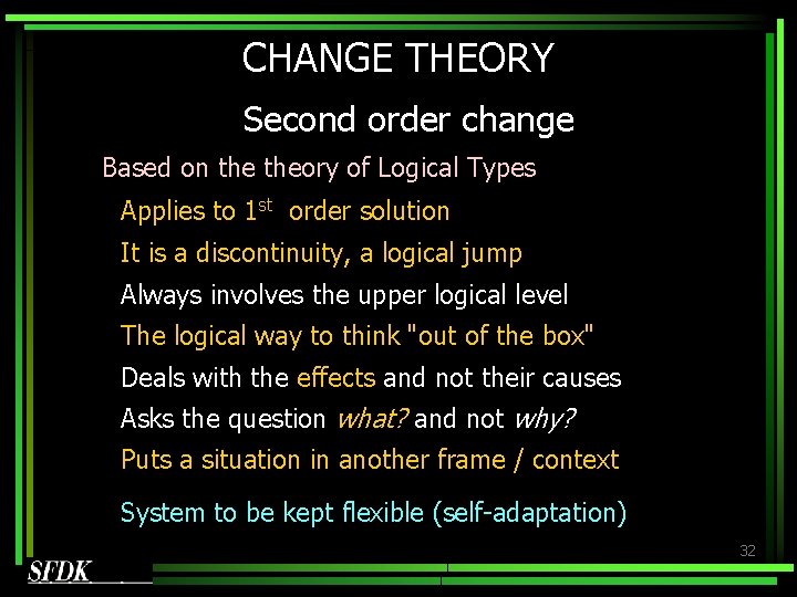 CHANGE THEORY Second order change Based on theory of Logical Types Applies to 1 CHANGE THEORY Second order change Based on theory of Logical Types Applies to 1