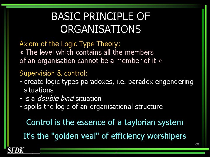 BASIC PRINCIPLE OF ORGANISATIONS Axiom of the Logic Type Theory: « The level which BASIC PRINCIPLE OF ORGANISATIONS Axiom of the Logic Type Theory: « The level which