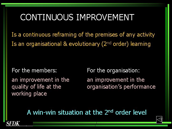 CONTINUOUS IMPROVEMENT Is a continuous reframing of the premises of any activity Is an CONTINUOUS IMPROVEMENT Is a continuous reframing of the premises of any activity Is an