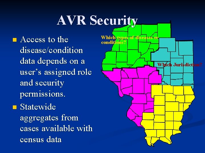 AVR Security Access to the disease/condition data depends on a user’s assigned role and