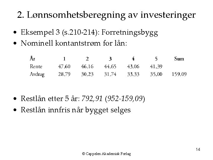 2. Lønnsomhetsberegning av investeringer • Eksempel 3 (s. 210 -214): Forretningsbygg • Nominell kontantstrøm