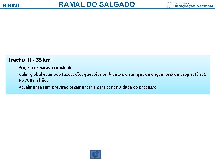 SIH/MI RAMAL DO SALGADO Trecho III - 35 km Projeto executivo concluído Valor global