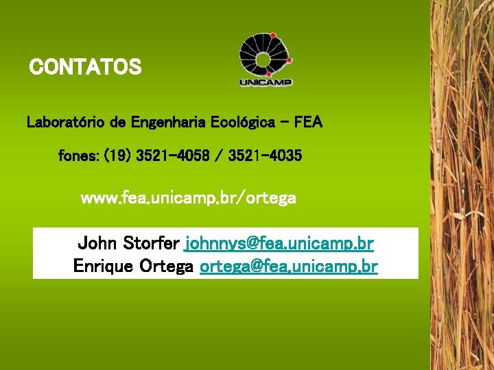 CONTATOS Laboratório de Engenharia Ecológica - FEA fones: (19) 3521 -4058 / 3521 -4035