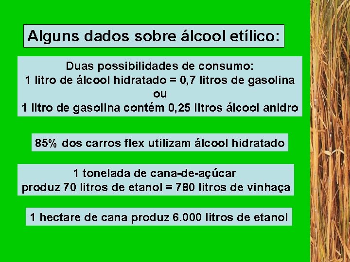 Alguns dados sobre álcool etílico: Duas possibilidades de consumo: 1 litro de álcool hidratado