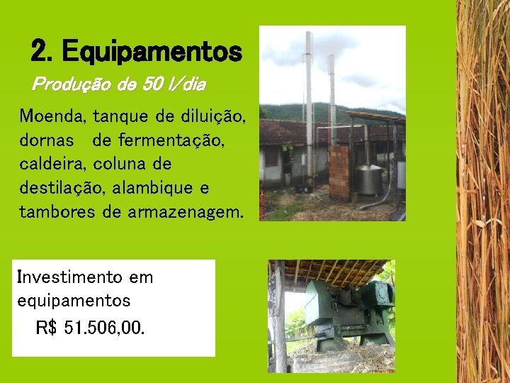 2. Equipamentos Produção de 50 l/dia Moenda, tanque de diluição, dornas de fermentação, caldeira,