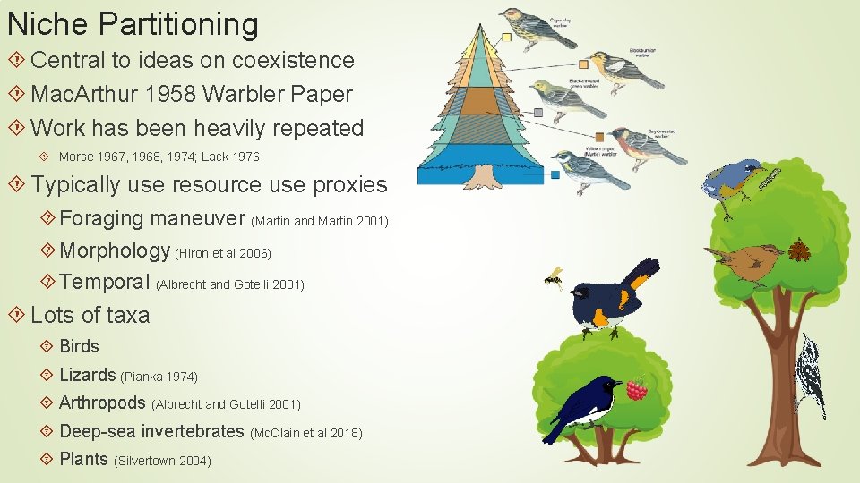 Niche Partitioning Central to ideas on coexistence Mac. Arthur 1958 Warbler Paper Work has Niche Partitioning Central to ideas on coexistence Mac. Arthur 1958 Warbler Paper Work has