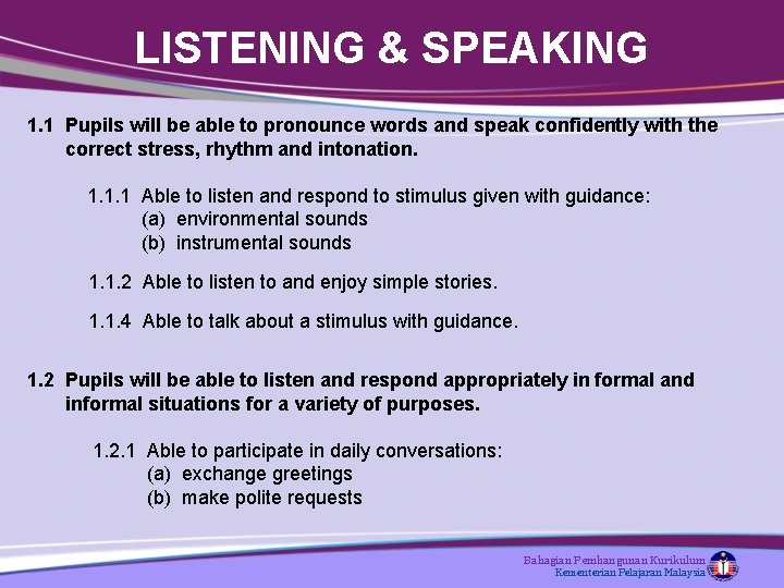 LISTENING & SPEAKING 1. 1 Pupils will be able to pronounce words and speak