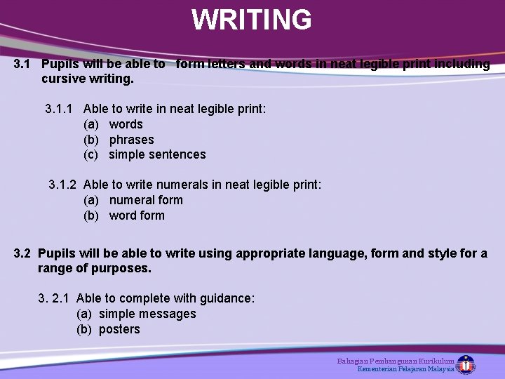 WRITING 3. 1 Pupils will be able to form letters and words in neat