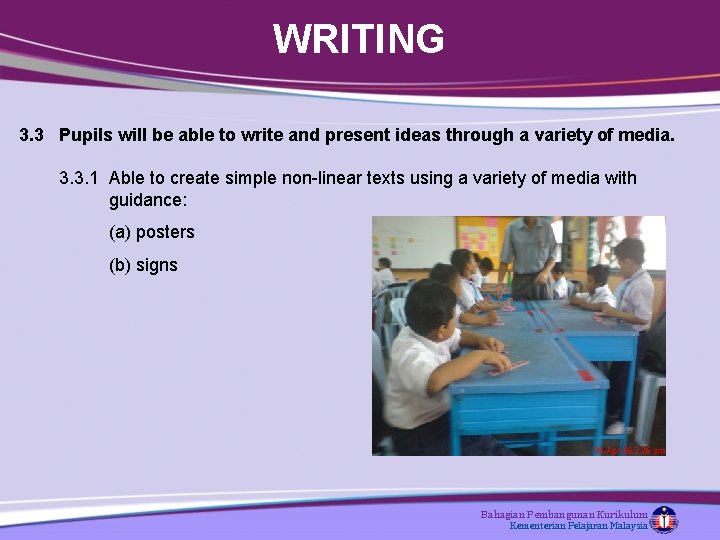 WRITING 3. 3 Pupils will be able to write and present ideas through a