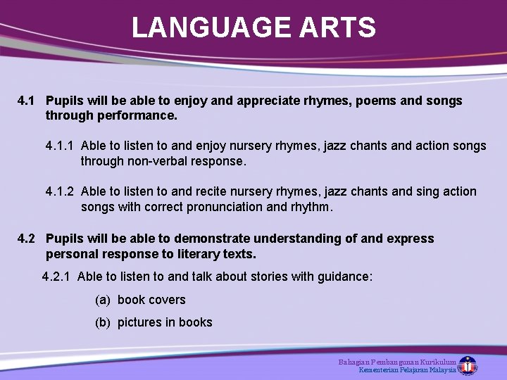 LANGUAGE ARTS 4. 1 Pupils will be able to enjoy and appreciate rhymes, poems