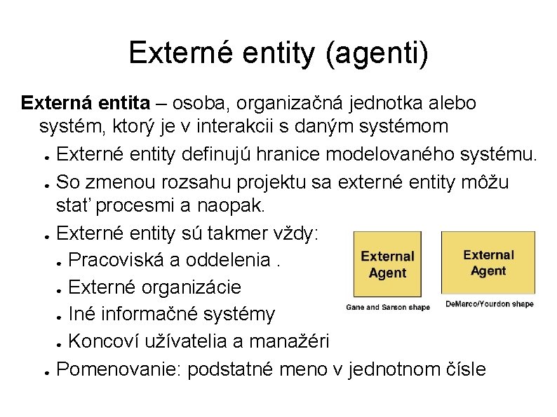 Externé entity (agenti) Externá entita – osoba, organizačná jednotka alebo systém, ktorý je v