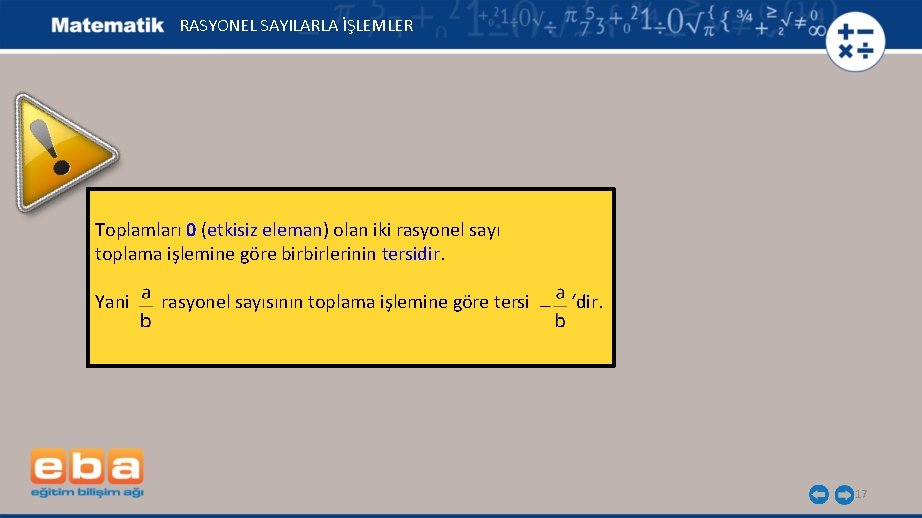 RASYONEL SAYILARLA İŞLEMLER Toplamları 0 (etkisiz eleman) olan iki rasyonel sayı toplama işlemine göre