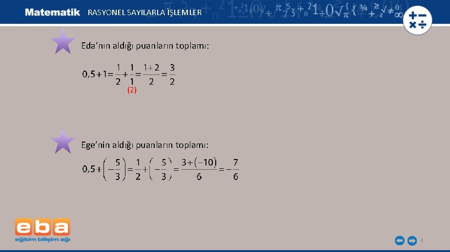 RASYONEL SAYILARLA İŞLEMLER Eda’nın aldığı puanların toplamı: (2) Ege’nin aldığı puanların toplamı: 4 