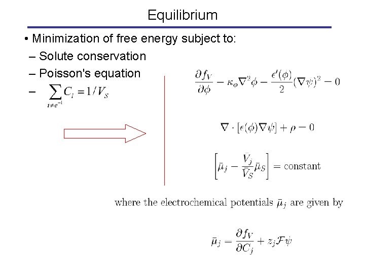 Equilibrium • Minimization of free energy subject to: – Solute conservation – Poisson's equation