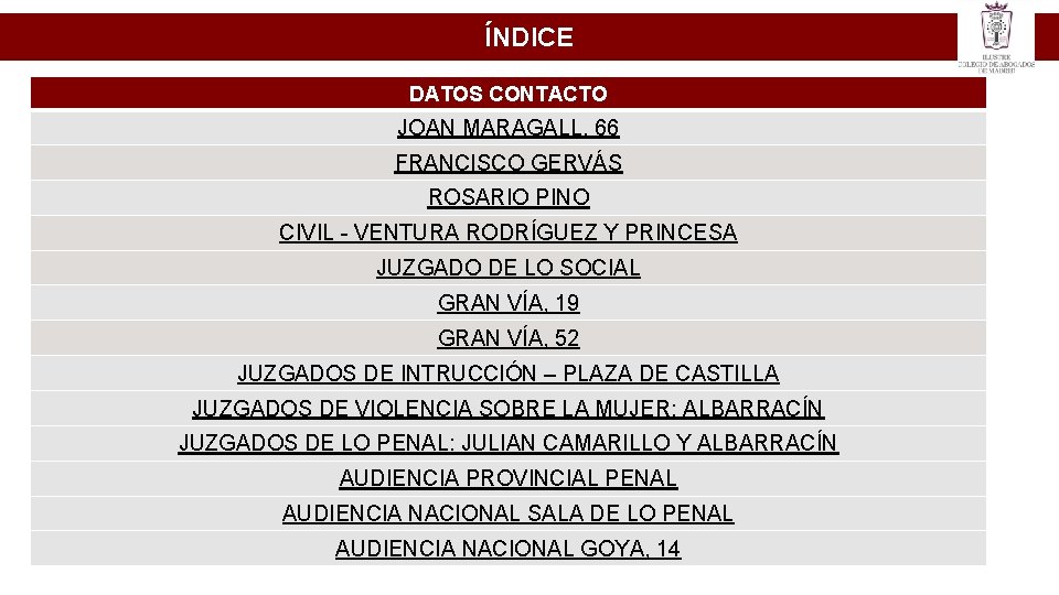 ÍNDICE DATOS CONTACTO JOAN MARAGALL, 66 FRANCISCO GERVÁS ROSARIO PINO CIVIL - VENTURA RODRÍGUEZ