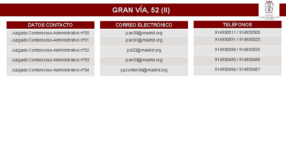 GRAN VÍA, 52 (II) DATOS CONTACTO CORREO ELECTRÓNICO TELÉFONOS Juzgado Contencioso-Administrativo nº 30 jcan