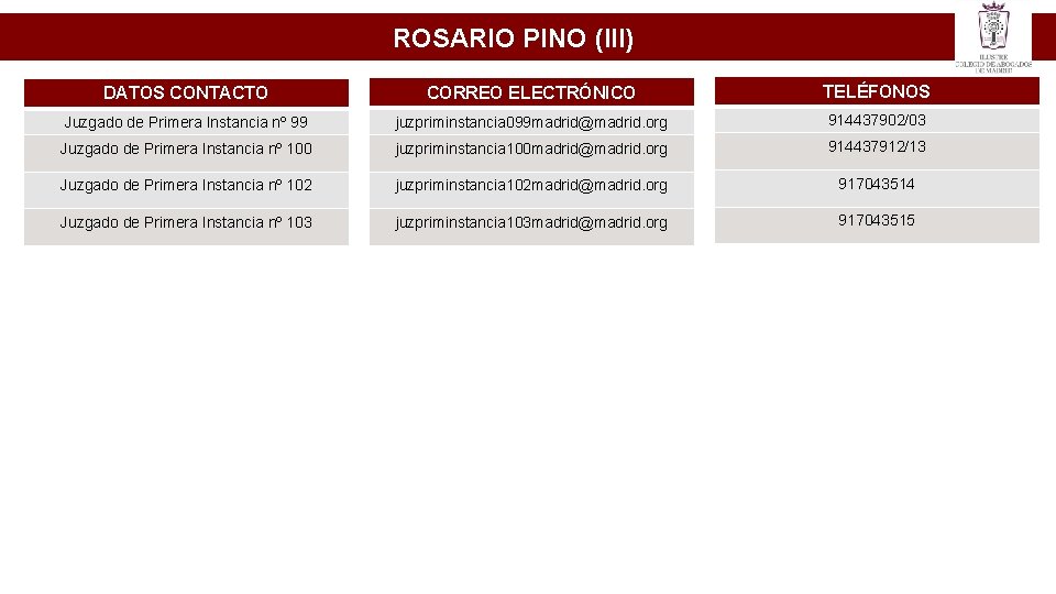 ROSARIO PINO (III) DATOS CONTACTO CORREO ELECTRÓNICO TELÉFONOS Juzgado de Primera Instancia nº 99