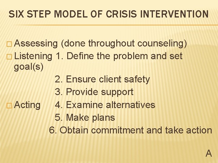 SIX STEP MODEL OF CRISIS INTERVENTION � Assessing (done throughout counseling) � Listening 1.