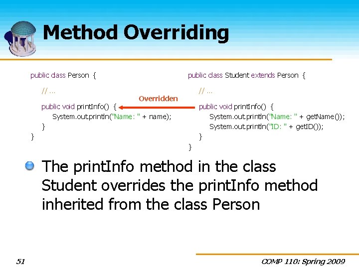 Method Overriding public class Person { //. . . public class Student extends Person