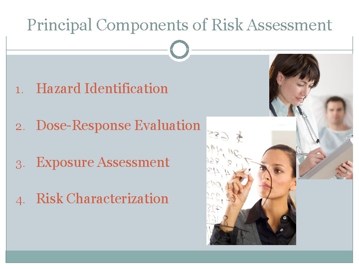 Principal Components of Risk Assessment 1. Hazard Identification 2. Dose-Response Evaluation 3. Exposure Assessment
