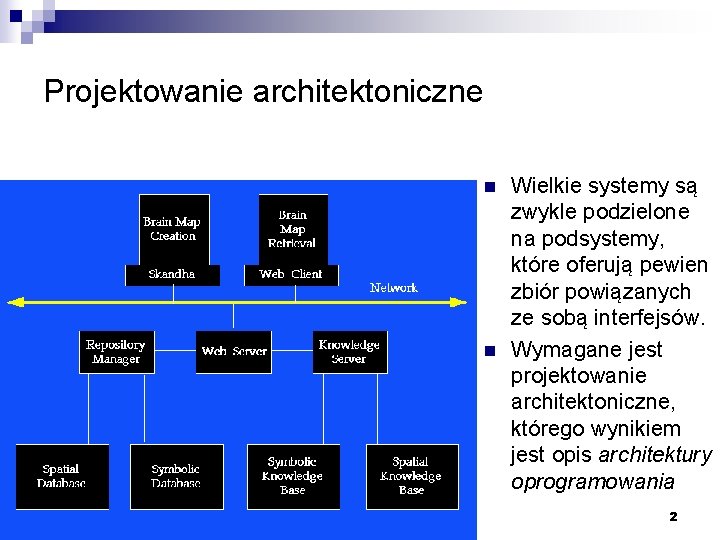 Projektowanie architektoniczne n n Wielkie systemy są zwykle podzielone na podsystemy, które oferują pewien